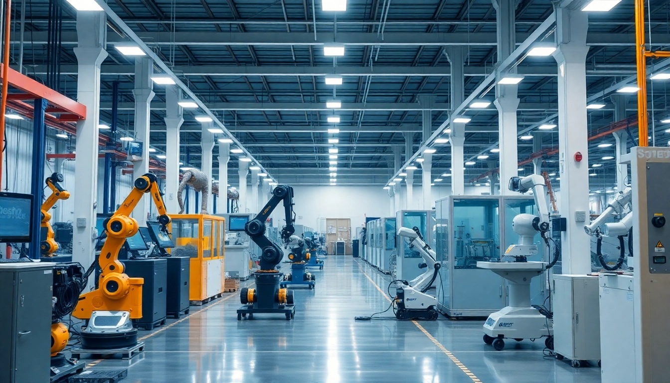Technology-driven factory showcasing advanced machinery and robotics in a vibrant setting.