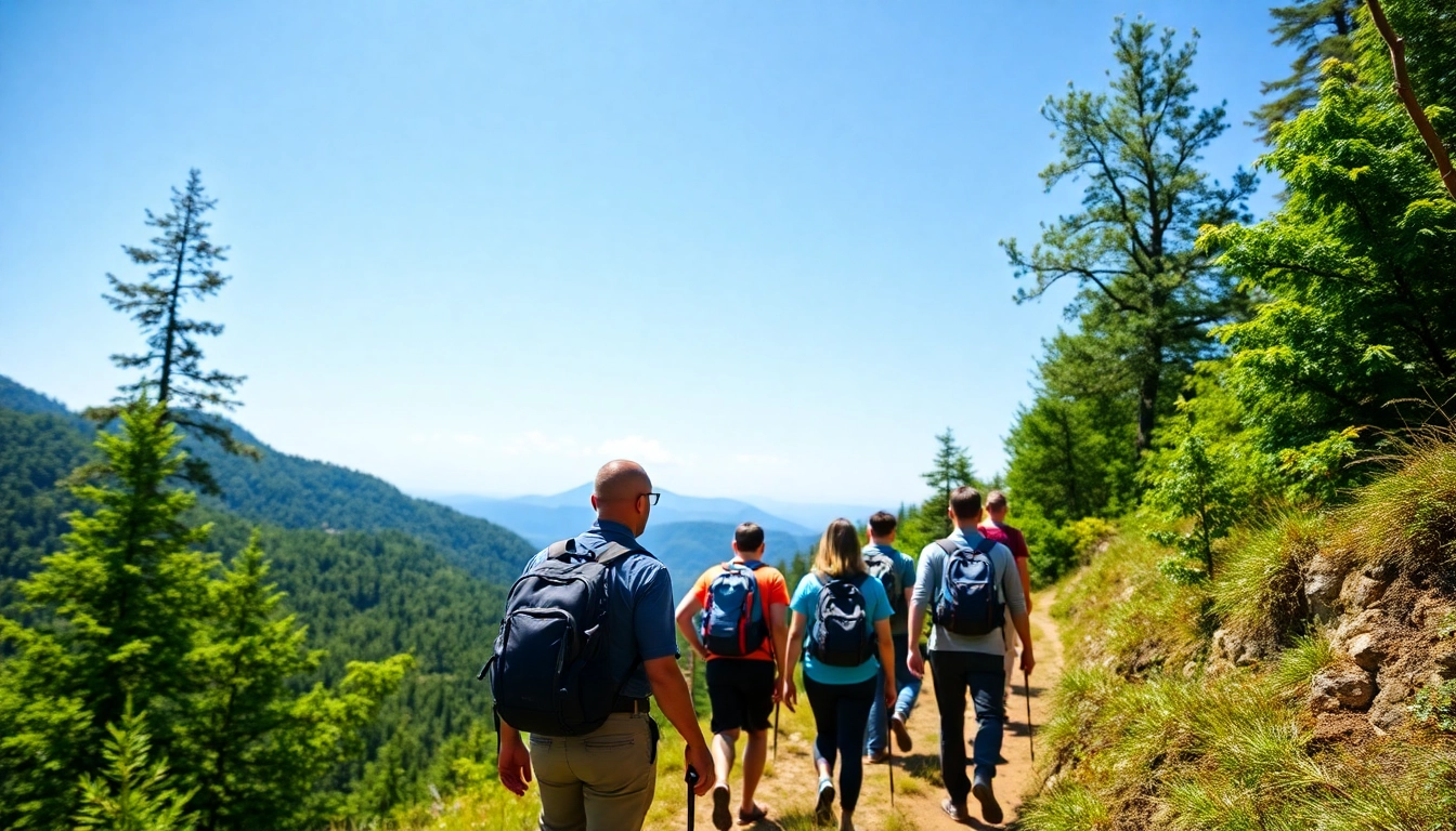 Guided trek through lush mountain landscape with a knowledgeable guide leading hikers, scenic outdoor adventure.