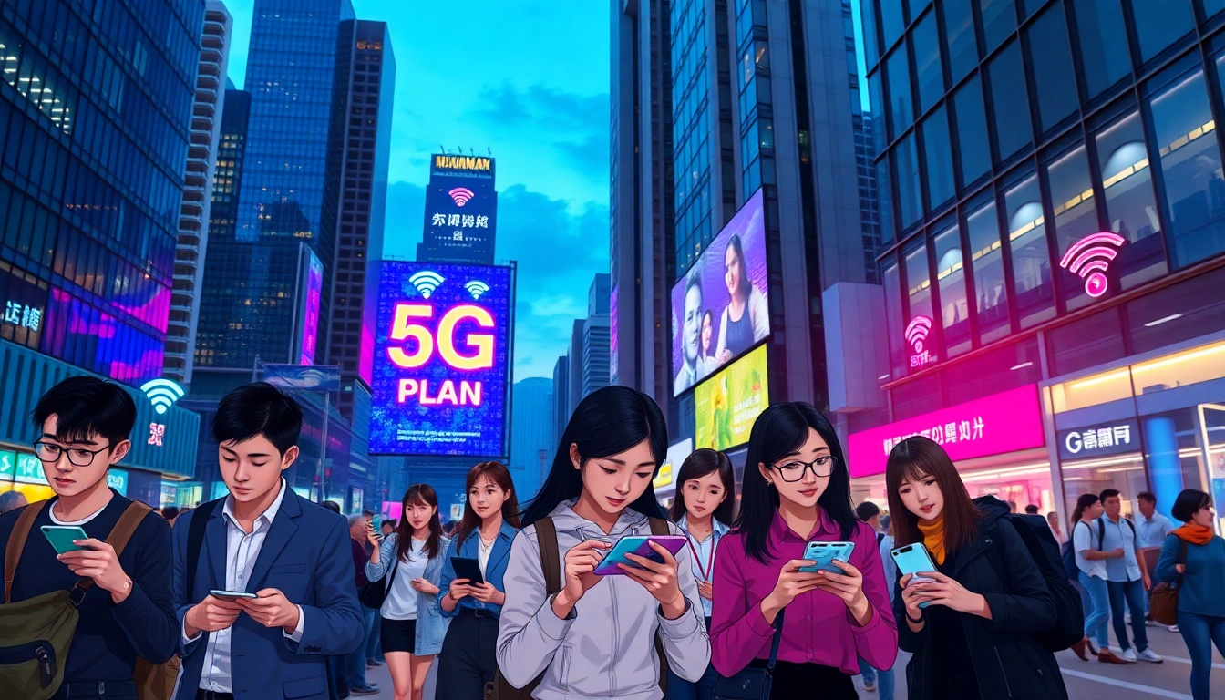 香港繁忙街道上的年輕專業人士使用5G手機，背景為閃爍的霓虹燈和高樓大廈，展現5G高速連接的未來感。
