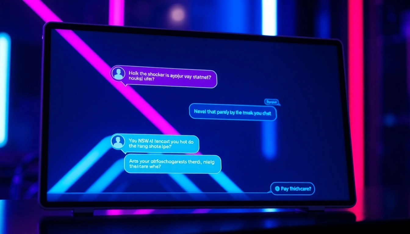Close-up of a digital screen displaying an AI porn chat interface with neon lighting effects.