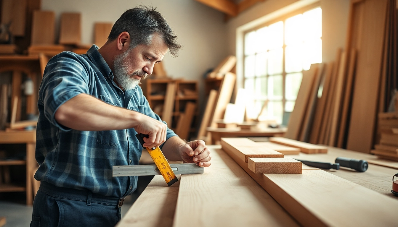 Carpenter actively measuring wood with a tape measure, showcasing craftsmanship and precision in a well-lit workshop environment.