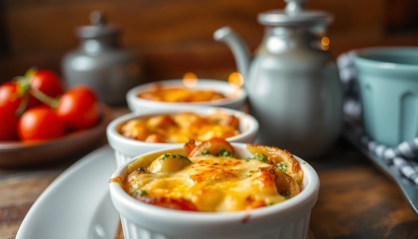 Small size strata being served in individual ramekins with colorful ingredients, appealing and appetizing presentation for breakfast or brunch.