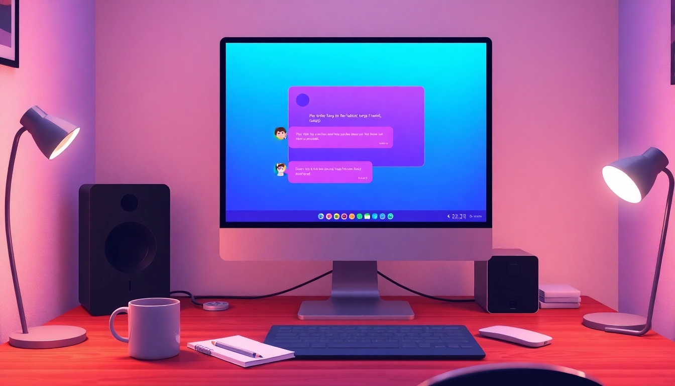 A cozy chat room with a computer screen displaying an AI chat interface.
