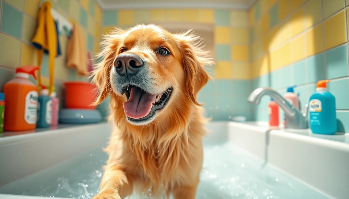 Dog wash near me: Happy golden retriever enjoying a vibrant dog wash station.