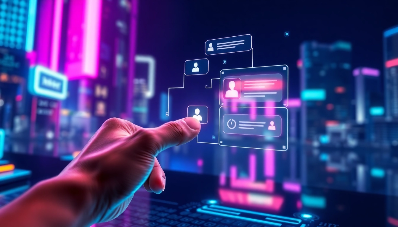 Futuristic holographic AI chat interface with neon cityscape background, highlighting advanced digital interaction.