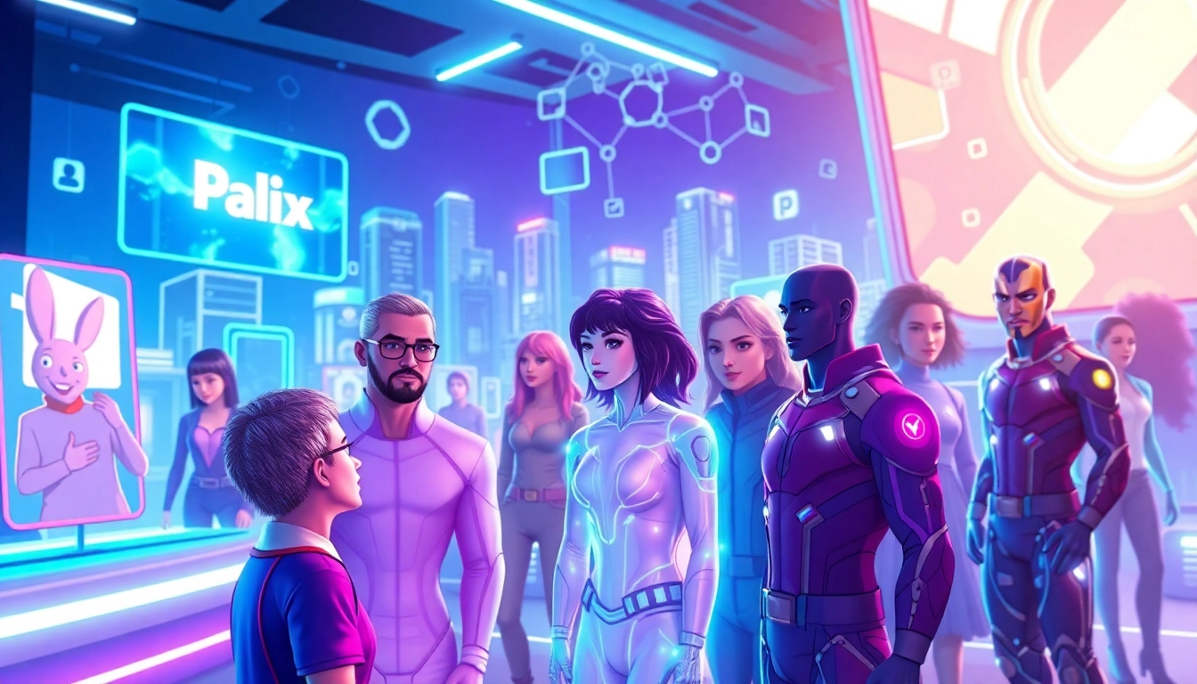 Futuristic digital scene of avatars interacting in a neon-lit virtual social media environment with holographic characters and high-tech interface elements.
