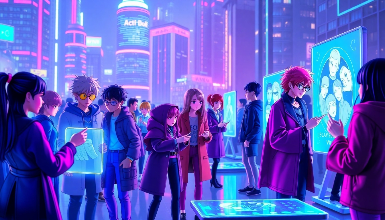 Fandom characters engaging on futuristic holographic social media screens in a vibrant digital cityscape.