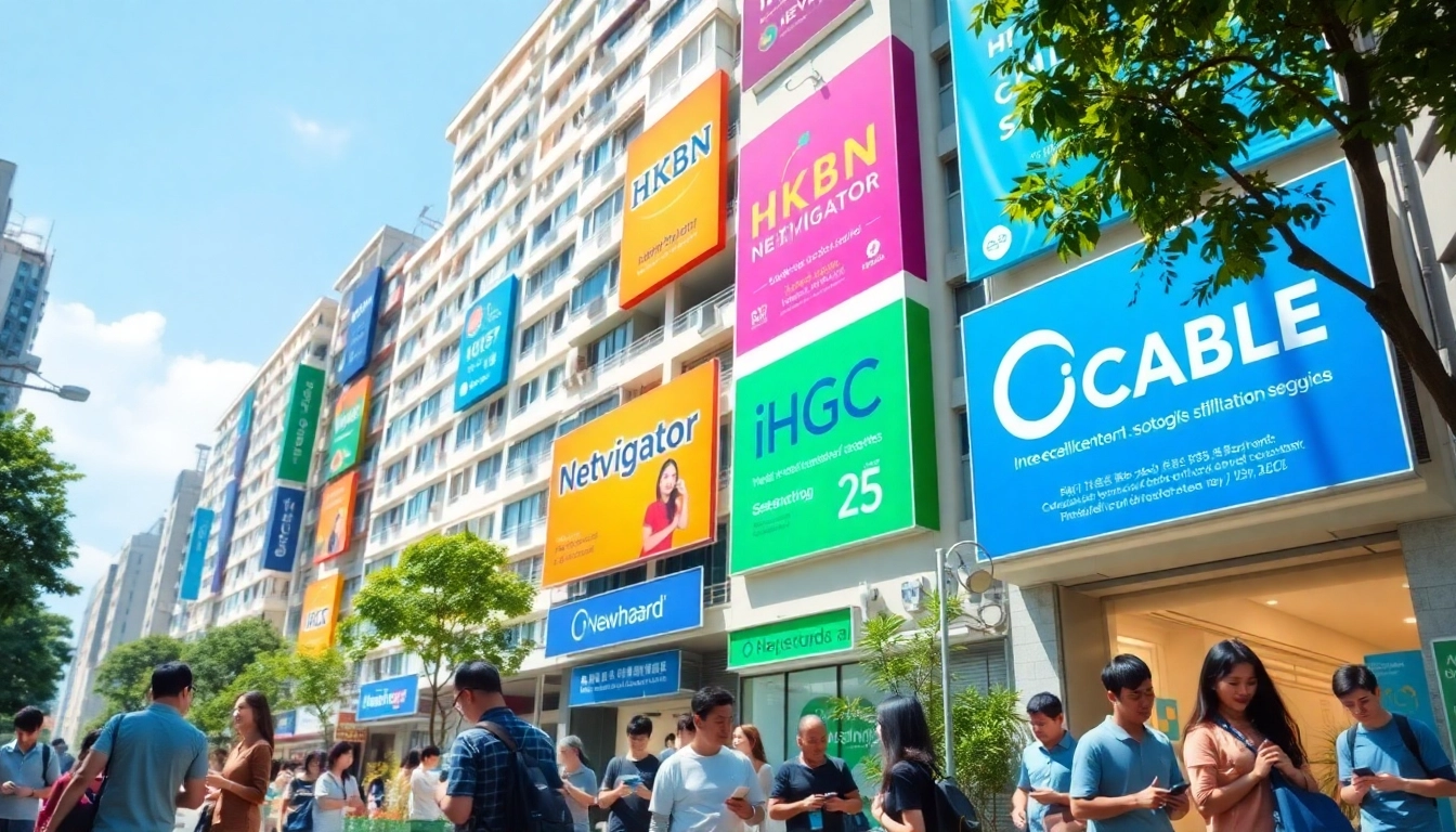 香港街道的景象，展示多個寬頻供應商的廣告，居民在享受高速上網服務。