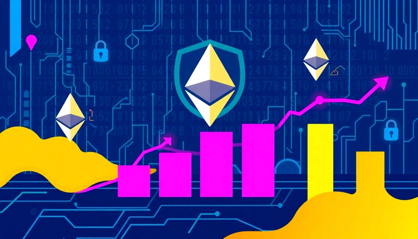 Secure staking ETH process on a blockchain with rewards and network security visualization, emphasizing confidence and technology.