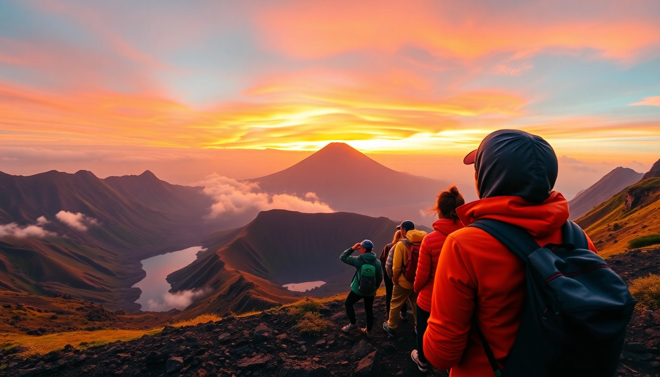 Hikers at Mount Rinjani's crater rim during sunrise with stunning mountain views.