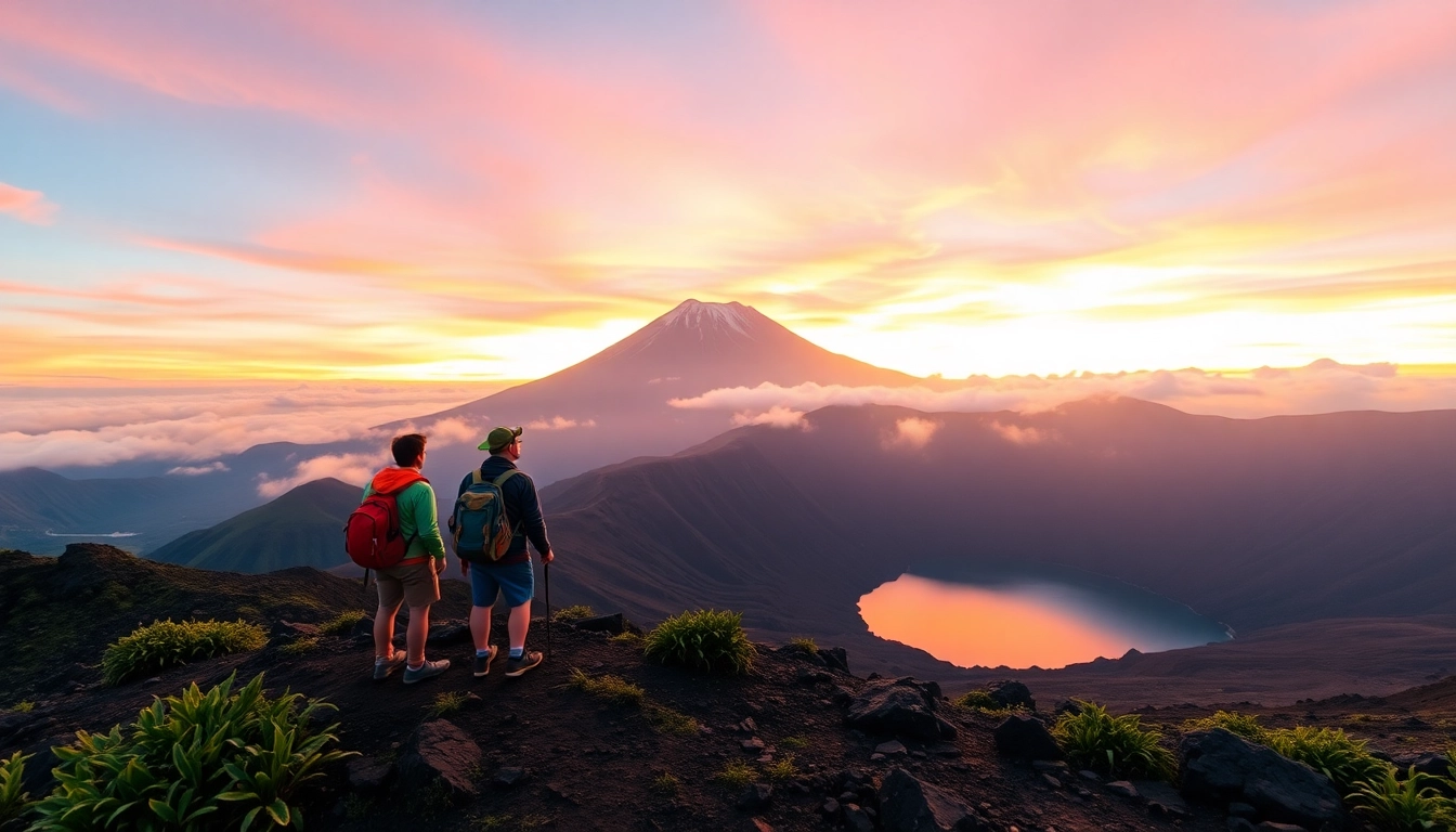 Hikers at Mount Rinjani crater rim at sunrise, overlooking the caldera with vibrant sky and lush landscape.
