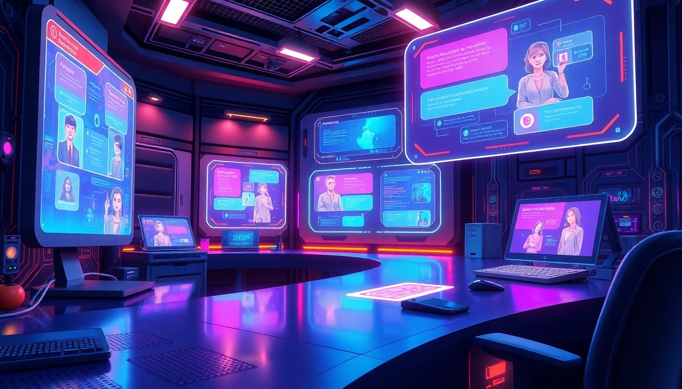 Futuristic AI workspace with holographic screens and vibrant digital interfaces