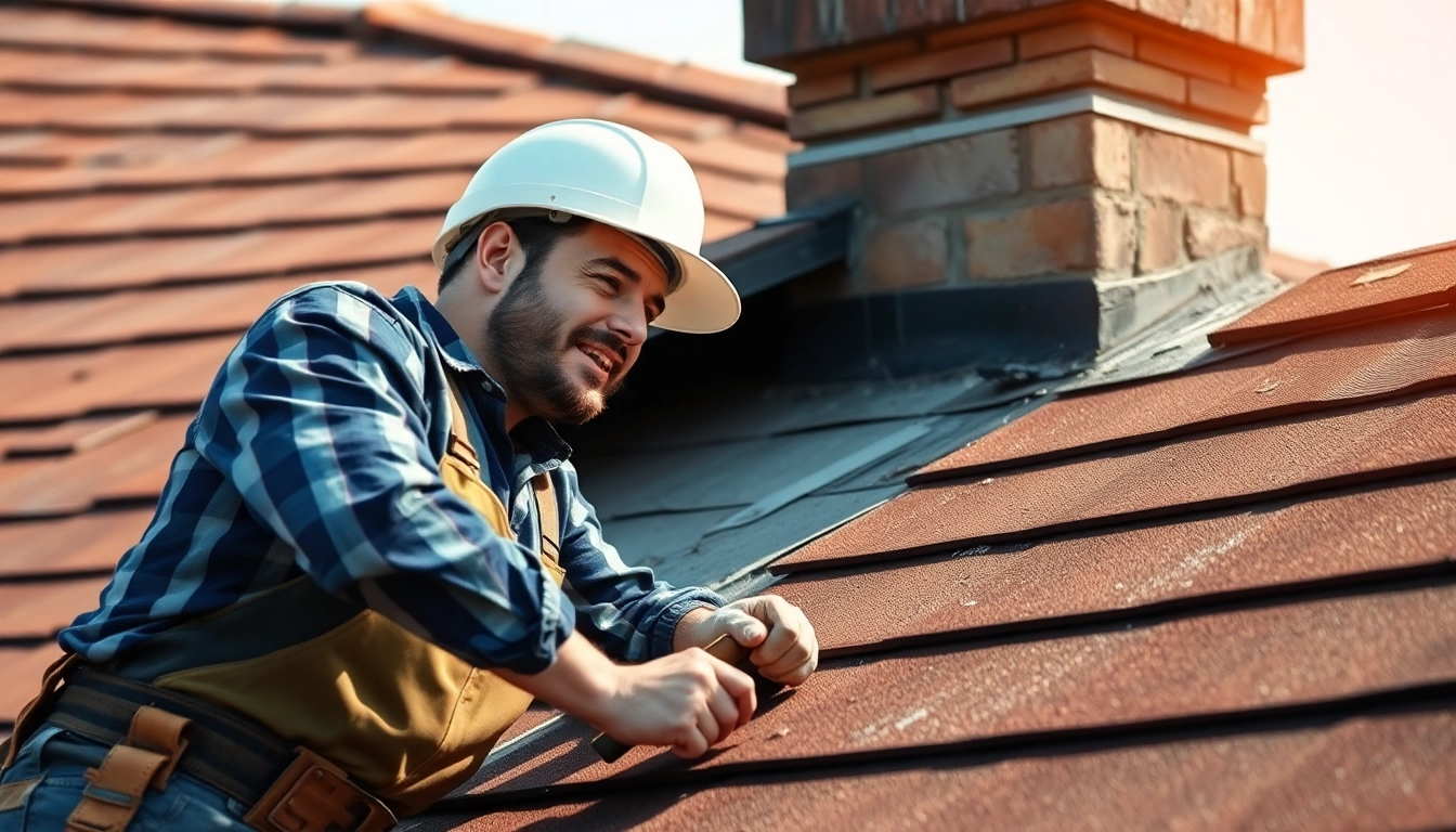 Experienced roofer performing roof repairs on a sloped tiled roof with safety gear for durable results.
