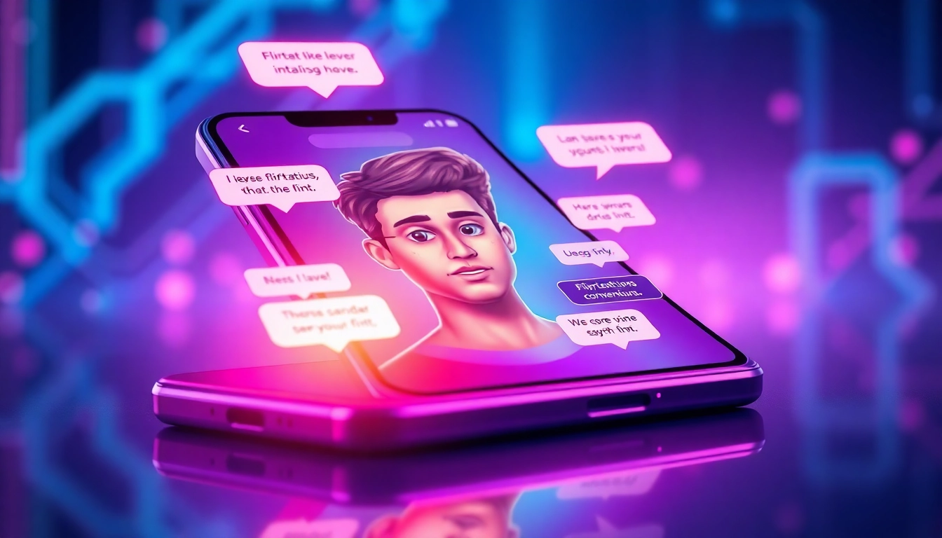 Futuristic smartphone screen showing an AI sexting app with customizable avatars and vibrant neon interface.