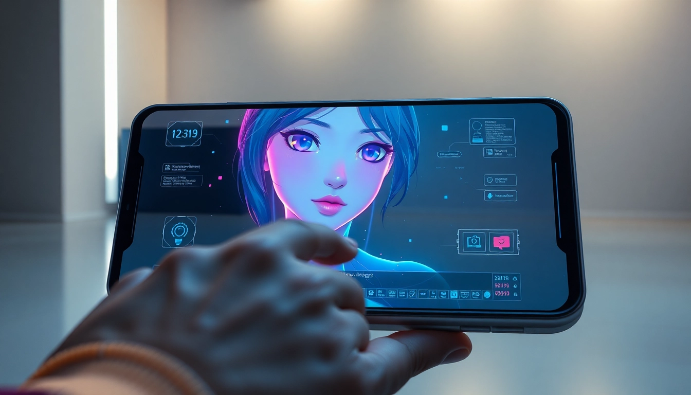 An advanced AI interface on a touchscreen displaying a realistic anime-style female character with vibrant holographic visuals.