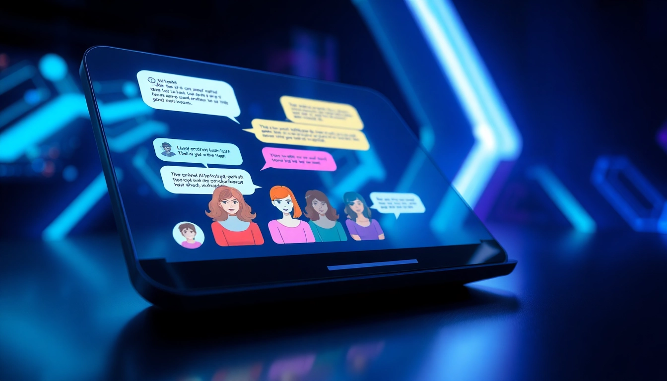 Futuristic chat interface with holographic screen displaying AI characters and vibrant conversation bubbles in a high-tech environment.