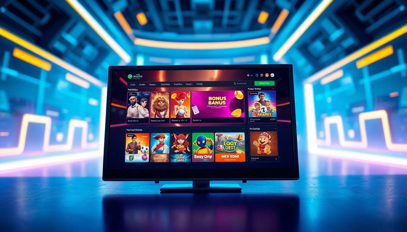 A modern online gaming platform interface with promotional banners and colorful game icons on a high-tech background.