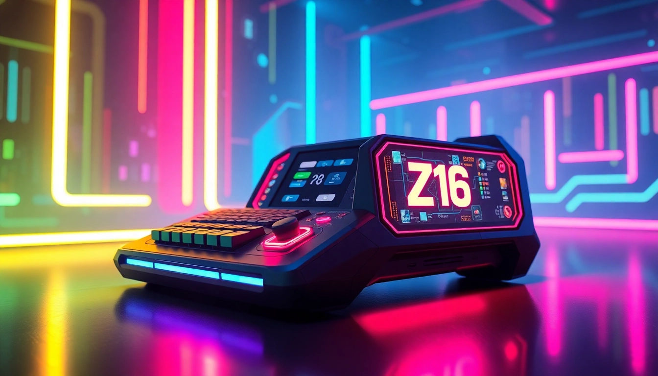 Powerful z16 gaming console highlighted in vibrant neon lights, showcasing advanced technology