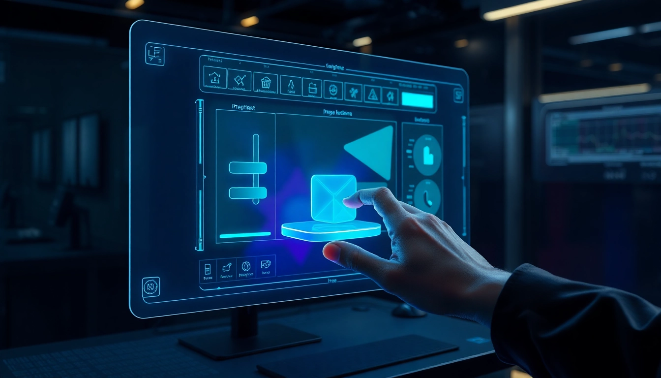 A futuristic AI interface showcasing advanced image editing with holographic tools and human interaction.