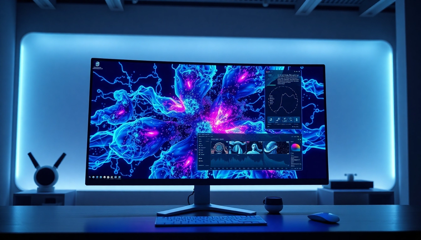 An illustration of a high-tech digital workspace with an AI image editor interface displaying vibrant abstract art, emphasizing advanced reasoning and innovation.
