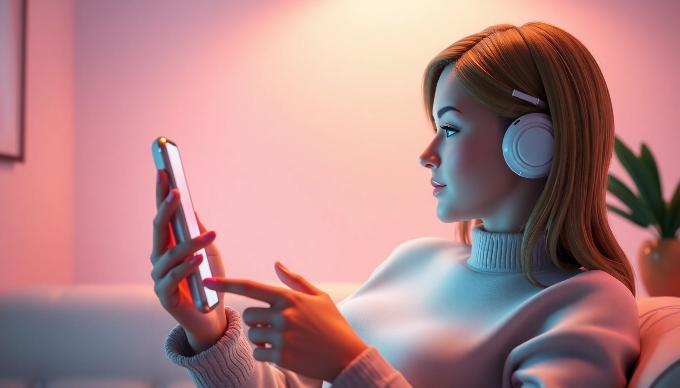 AI girlfriend engaging in a warm conversation on a smartphone, highlighting digital companionship and emotional connection for users seeking virtual relationships.