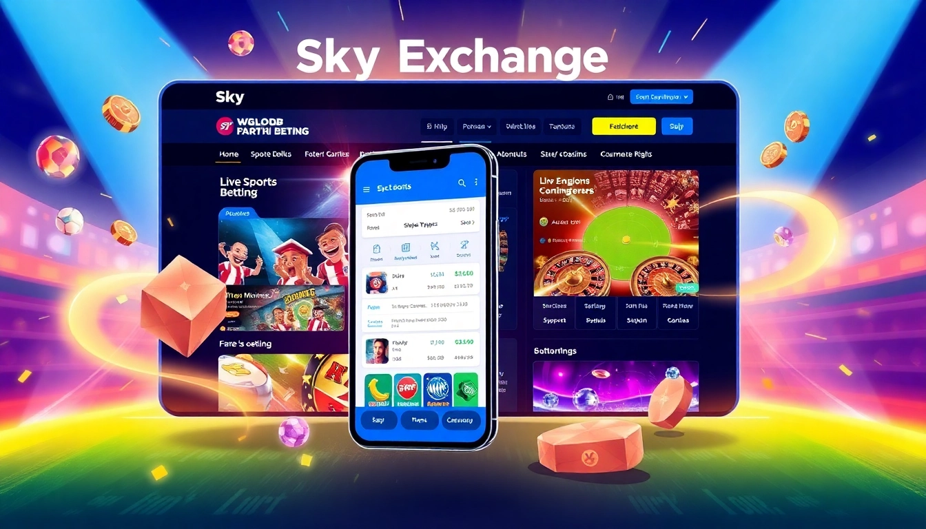 Sky Exchange platform in action with a user placing bets on sports and casino games on mobile device, emphasizing safety and entertainment.