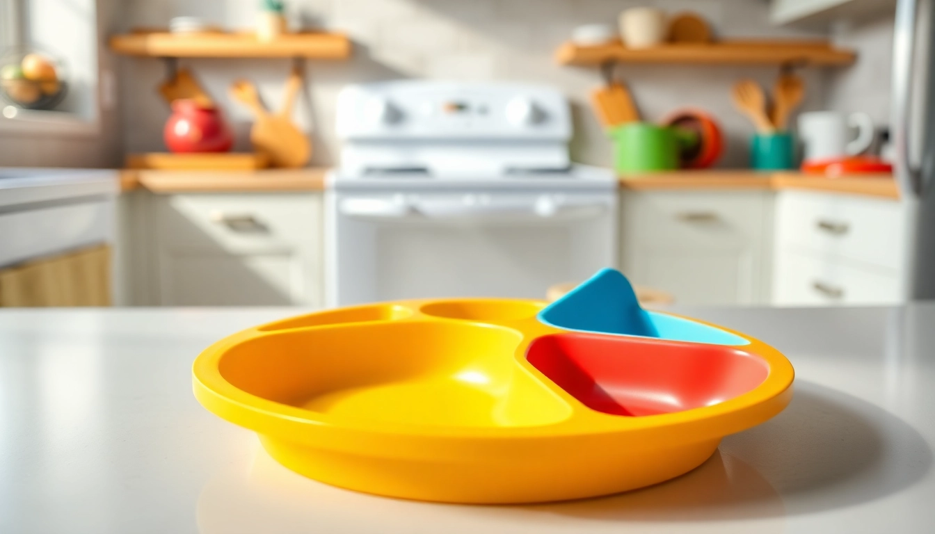 Piatto silicone divisorio 3 scomparti shown in vibrant colors, easy-to-clean toddler plate with