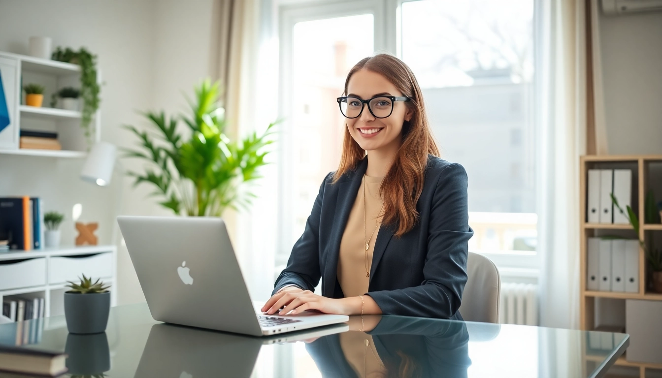 Freelance consulting jobs France Entrepreneur engaging in remote work with laptop in a bright