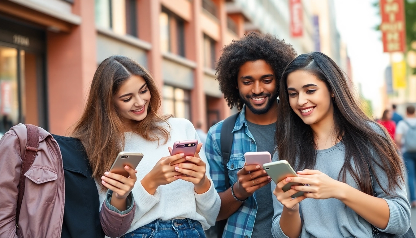 Young adults discussing plans culs on smartphones in urban setting, emphasizing digital dating