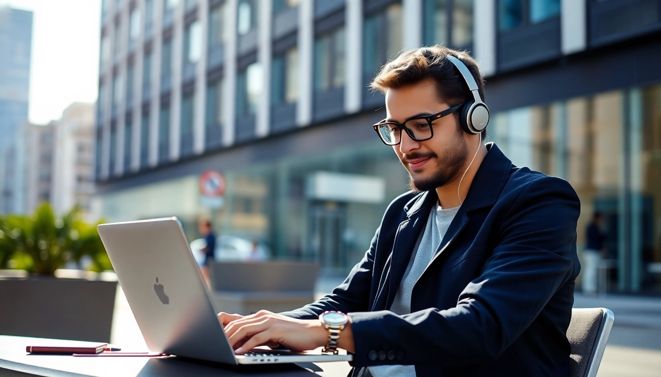 Freelance consulting jobs France show remote professional working on laptop outdoors